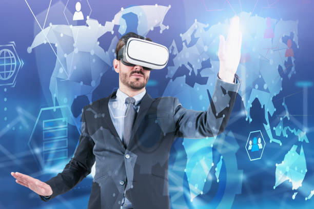 istock Man in VR glasses working with world map 1165514108