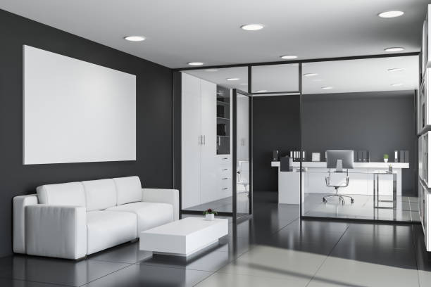 istock Manager office interior with lounge and poster 1165515071