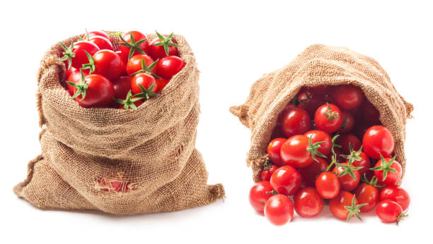 Tomates dans le sac de toile d'isolement sur le fond blanc - Photo