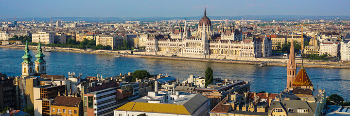 High angle view of Budapest skyline - Parliamnt building and Danube riverbank (Budapest, Hungary)