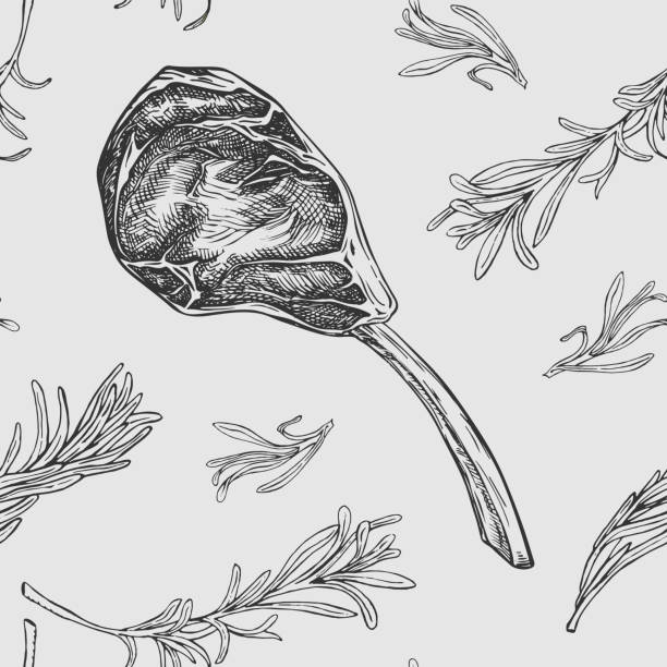 illustrazioni stock, clip art, cartoni animati e icone di tendenza di bistecca tomahawk e motivo senza cuciture al rosmarino. - rosemary spice ingredient plant