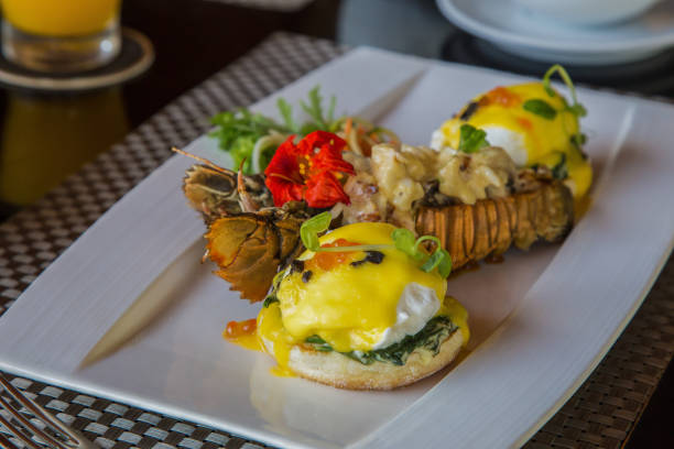 Fresh grilled lobster served with eggs benedict. Luxury breakfast