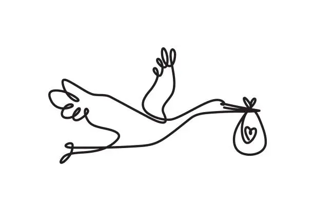 Vector illustration of continuous one line drawing of a stork carrying a baby bundle