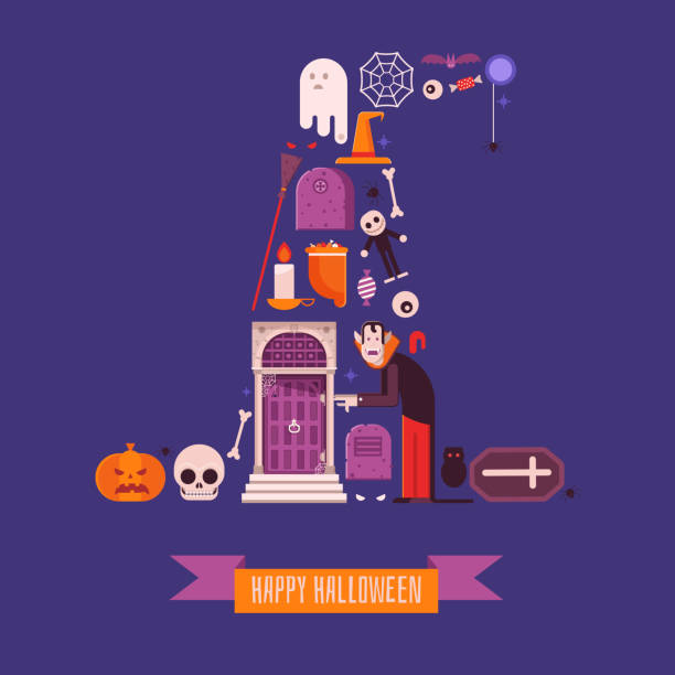 ilustrações, clipart, desenhos animados e ícones de cópia feliz da noite de halloween ou projeto de cartão - fairy tale house witch candy