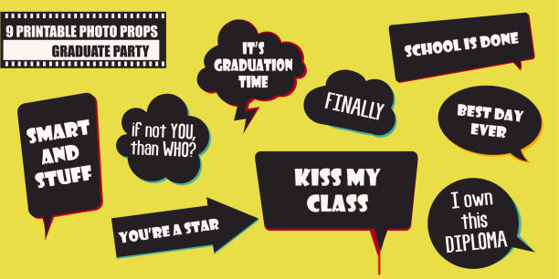 Set of photo booth props vector illustration Set of photo booth props vector illustration. Graduate party set of quotes and jokes in speech bubbles. Perfect for photobooth shooting or selfie with grads vintage funny photos stock illustrations
