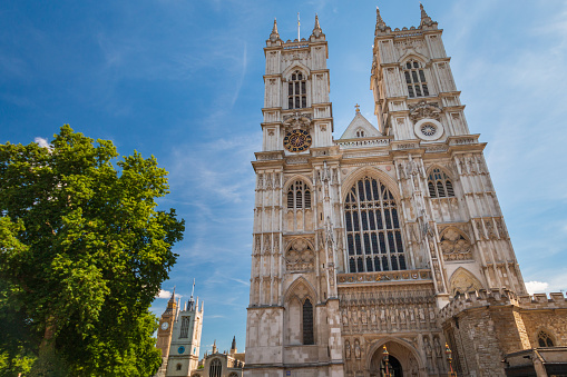 Western facade, main entrance and towers of Westminster Abbey, London, United Kingdom