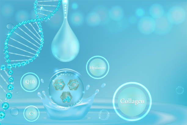 istock Hyaluronic acid skin solutions ad, blue collagen serum drop with cosmetic advertising background ready to use 1165526424