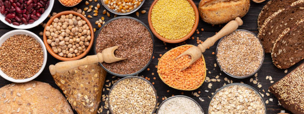 istock Gluten free different grains and bread on wooden background 1165528070
