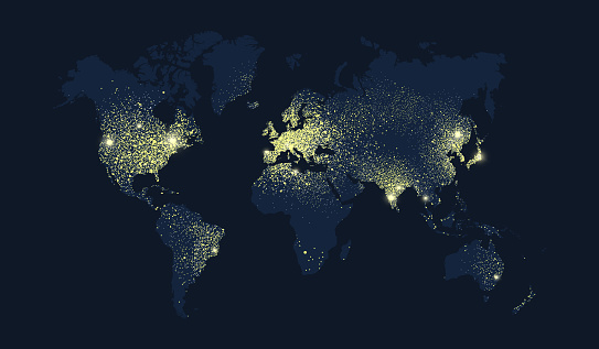 World map illustration, earth planet lights at night. Worldwide satellite view of nocturnal lights or glitter effect concept.