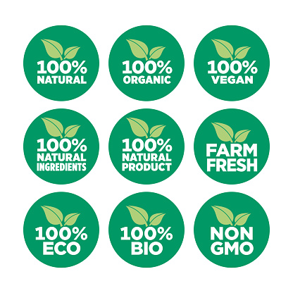100% natural, organic, vegan, natural ingredients, natural product, farm fresh, eco, 

bio, gmo free icon set