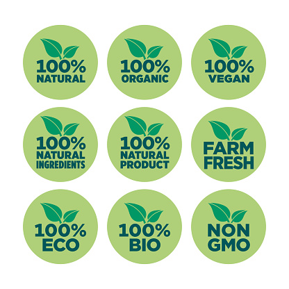 100% natural, organic, vegan, natural ingredients, natural product, farm fresh, eco, 

bio, gmo free icon set