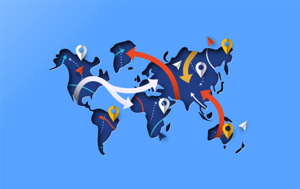 ilustraciones, imágenes clip art, dibujos animados e iconos de stock de mapa del mundo azul papercut gps concepto de flecha de viaje - objects with clipping paths continent 3d render map