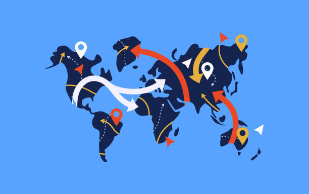ilustrações de stock, clip art, desenhos animados e ícones de gps arrow world map concept for travel navigation - direction arrow sign globe planet