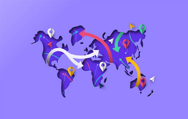 World map papercut gps travel arrow concept Papercut world map with modern gps pointer icon and paper arrows. Colorful 3d cutout illustration for navigation app or international travel concept. globe navigational equipment illustrations stock illustrations
