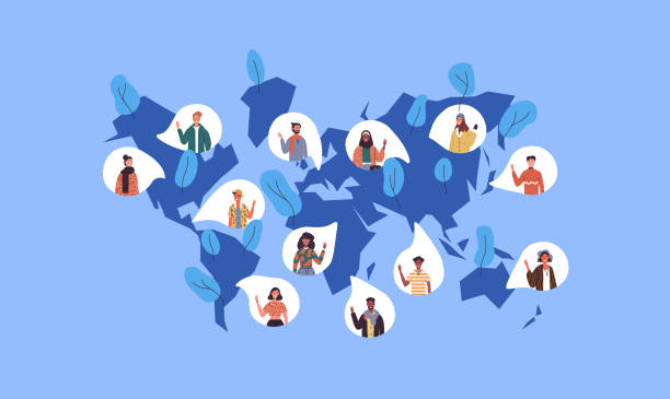 Social world map of diverse international people Social world map illustration with diverse international people icons from worldwide cultures. Multi ethnic women and men crowd for global communication or chat network concept. global illustrations stock illustrations