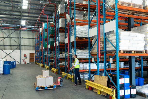 istock Male staff using pallet jack in warehouse 1165534686