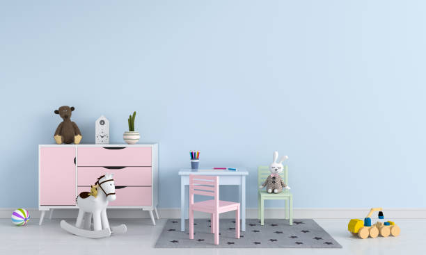 istock Table and chair in blue child room interior, 3D rendering 1165535295