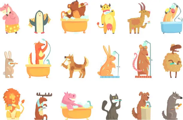 Vector illustration of Cute animals bathing and washing in water, set for label design. Hygiene and care, cartoon detailed Illustrations