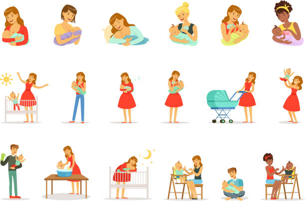 illustrazioni stock, clip art, cartoni animati e icone di tendenza di mamma e annuncio si prendono cura dei loro figli impostati per il design dell'etichetta. personaggi dei cartoni animati colorati - baby blanket illustrations