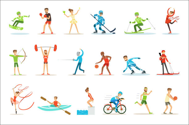 ilustraciones, imágenes clip art, dibujos animados e iconos de stock de personas adultas que practican diferentes deportes olímpicos conjunto de personajes de dibujos animados en uniforme deportivo participando en la competencia - amateur tennis