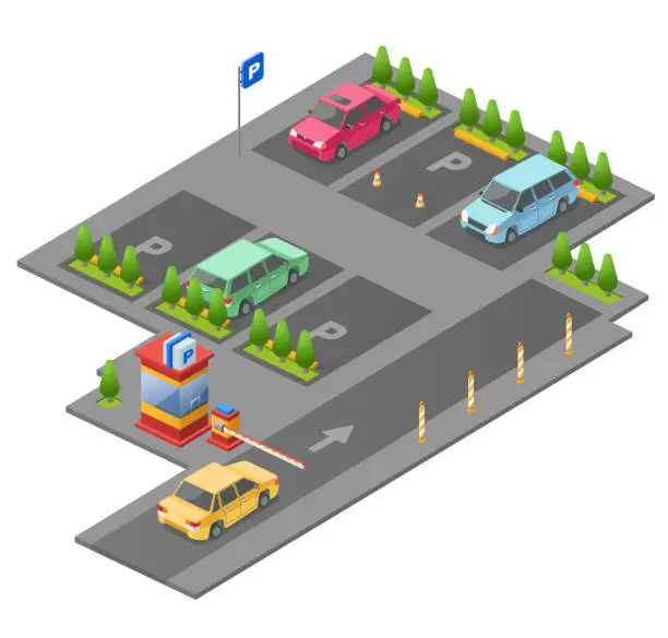 Vector illustration of Parking lot isometric 3D vector illustration for construction design of cars, parkomat checkpoint and direction marking