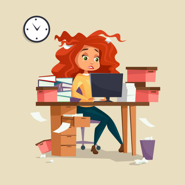 ilustraciones, imágenes clip art, dibujos animados e iconos de stock de mujer en la oficina estrés vector ilustración de dibujos animados chica gerente de trabajo plazo de trabajo con el pelo desordenado desaliñado - cluttered desk