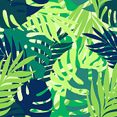 A seamless pattern of tropical leaves.