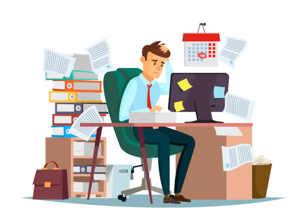 Man overwork in office vector illustration of cartoon manager sitting at computer desk working frustrated in stress Man overwork in office, deadline vector illustration. Manager sitting at computer desk with stack of documents in mess and deadline tasks sticky notes holding hand on head flat cartoon office design office desk stock illustrations