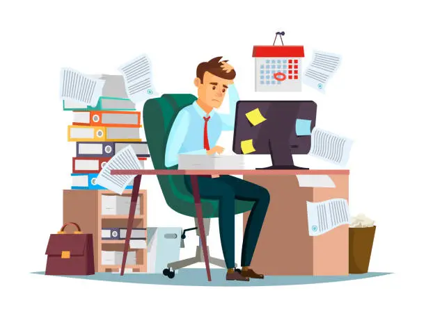 Vector illustration of Man overwork in office vector illustration of cartoon manager sitting at computer desk working frustrated in stress