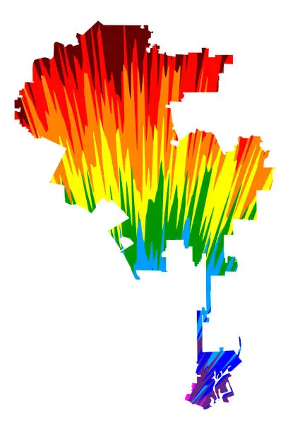 Vector illustration of Los Angeles city (United States of America, USA, U.S., US, United States cities, usa city)- map is designed rainbow abstract colorful pattern, City of Los Angeles, L.A. map made of color explosion,