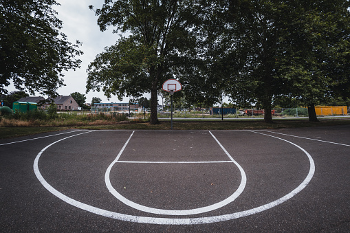 wide angle shot of basketball court from behind the three point line