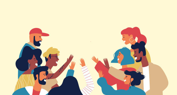 ilustraciones, imágenes clip art, dibujos animados e iconos de stock de diverso grupo multiétnico de jóvenes - choque de manos en el aire ilustraciones