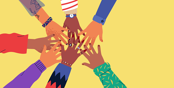 Diverse young people hands on isolated background. Teenager hand group high five celebration or friend community concept. Flat cartoon illustration of men and women arms.