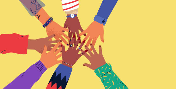 Diverse friend people hands doing high five Diverse young people hands on isolated background. Teenager hand group high five celebration or friend community concept. Flat cartoon illustration of men and women arms. adolescence stock illustrations