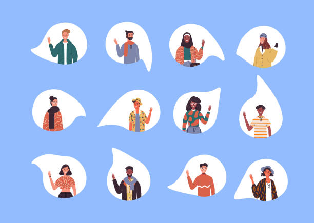 Diverse social culture young people set isolated Diverse multi ethnic people set waving hello on isolated white background. World wide culture mix of young millennial group. greeting illustrations stock illustrations