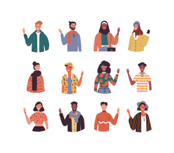 Diverse culture young people set isolated Diverse multi ethnic people set waving hello on isolated white background. World wide culture mix of young millennial group. arms raised illustrations stock illustrations