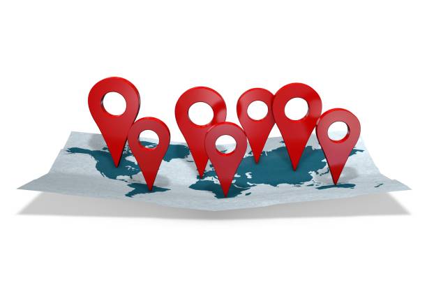 3d illustration: red gps pointers - arrows on the world map are directed to different continents or countries. Tourism and business concept. Your company's activities cover the whole world.