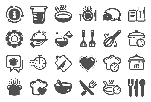 Cooking icons. Boiling time, Frying pan and Kitchen utensils. Fork, spoon and knife icons. Recipe book, chef hat and cutting board. Cooking book, frying time, hot pan. Quality set. Vector