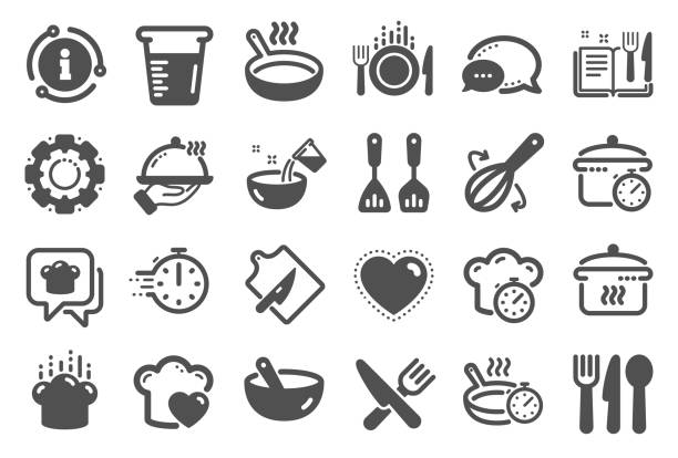 Cooking icons. Boiling time, Frying pan and Kitchen utensils. Vector Cooking icons. Boiling time, Frying pan and Kitchen utensils. Fork, spoon and knife icons. Recipe book, chef hat and cutting board. Cooking book, frying time, hot pan. Quality set. Vector recipe stock illustrations