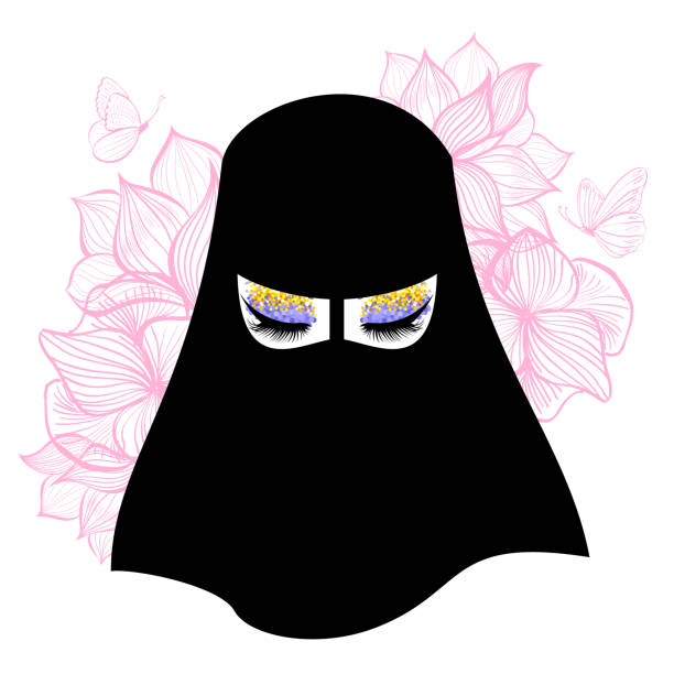 piękna muzułmanka z bujnymi rzęsami w hidżabie, pięknymi rękami, kwiatami tła. ilustracja wektorowa. - asian culture asian and indian ethnicities asian ethnicity cosmetics stock illustrations