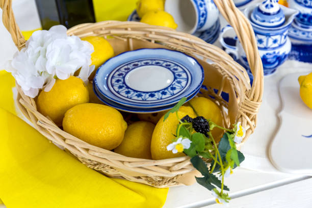 istock Composition with lemons on a blue plate.Fresh yellow lemons 1165548372