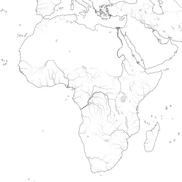 Vector illustration of World Map of AFRICA: Egypt, Libya, Ethiopia, Arabia, Mauritania, Nigeria, Somalia, Namibia, Tanzania, Madagascar. Geographic XXL-chart of Ancient continent with oceanic coastline, landscape & rivers.