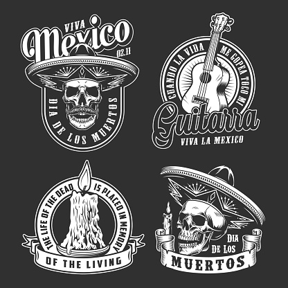 Day of Dead vintage monochrome logos with skulls in sombrero hats burning candle and acoustic guitar isolated vector illustration