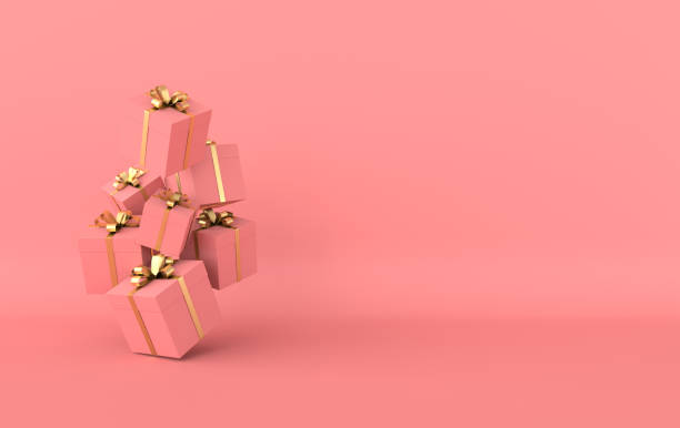 istock 3d rendering of realistic pink gift box with golden ribbon bow on pink studio background. Empty space for party, promotion social media banners, posters. 1165556256