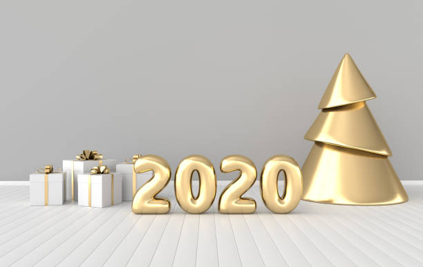 istock New year 2020 celebration interior background. Golden numerals 2020, poster frame, gift box and xmas tree. Realistic illustration for New Year's and Christmas banners. 3d render 1165556272