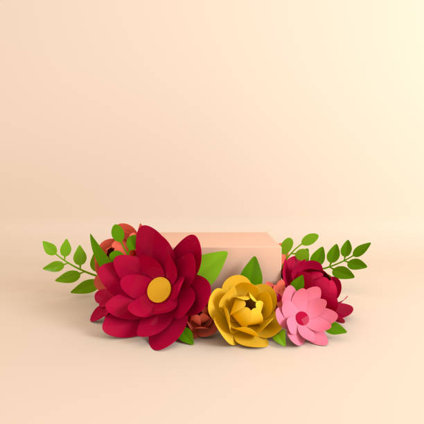 istock Paper flowers and leaves frame, podium platform for product presentation. Summer or spring colorful background. Paper cut 3d render mock up 1165556463