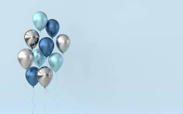 istock Illustration of glossy blue and silver balloons on pastel colored background. Empty space for birthday, party, promotion social media banners, posters. 3d render realistic balloons 1165556469