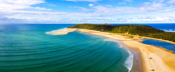 Panorama of Double Island point on the Queensland coast Panorama of Double Island point on the Queensland coast, Australia sunshine coast australia stock pictures, royalty-free photos & images