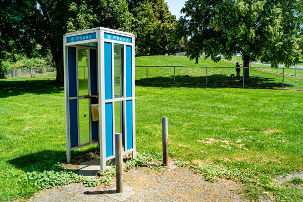 Vintage telephone booth near a public park in Walla Walla, Washington