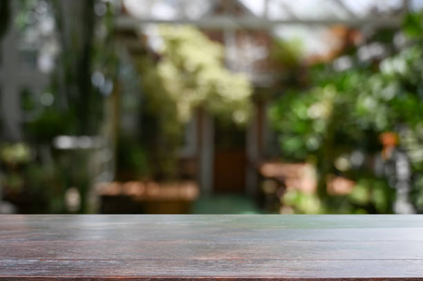 istock Wood desk in garden background with empty table. 1165558411